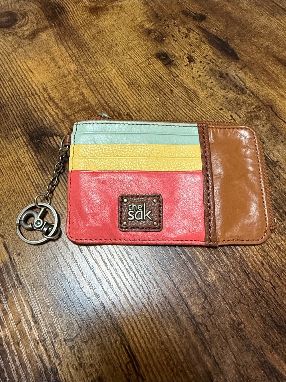 The Sak Colorblock Leather Key & Card Holder in Coral, Tan, Yellow & Light Blue